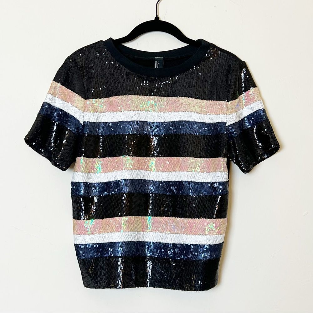 Forever 21 Striped Crewneck Short Sleeve Sequin Top, Size Small